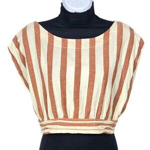 Free People Whatta Sight Striped Linen Blend Tie-Back Cropped Top Lg Rust Ivory